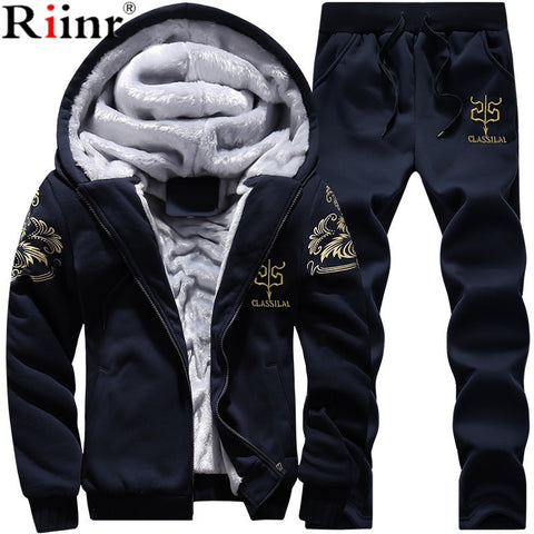 Riinr Men Set Fashion Winter Tracksuits Fleece Lined Hoodies Sweatshirt + Pants Track Suit Mens Hoodie Sporting Suits